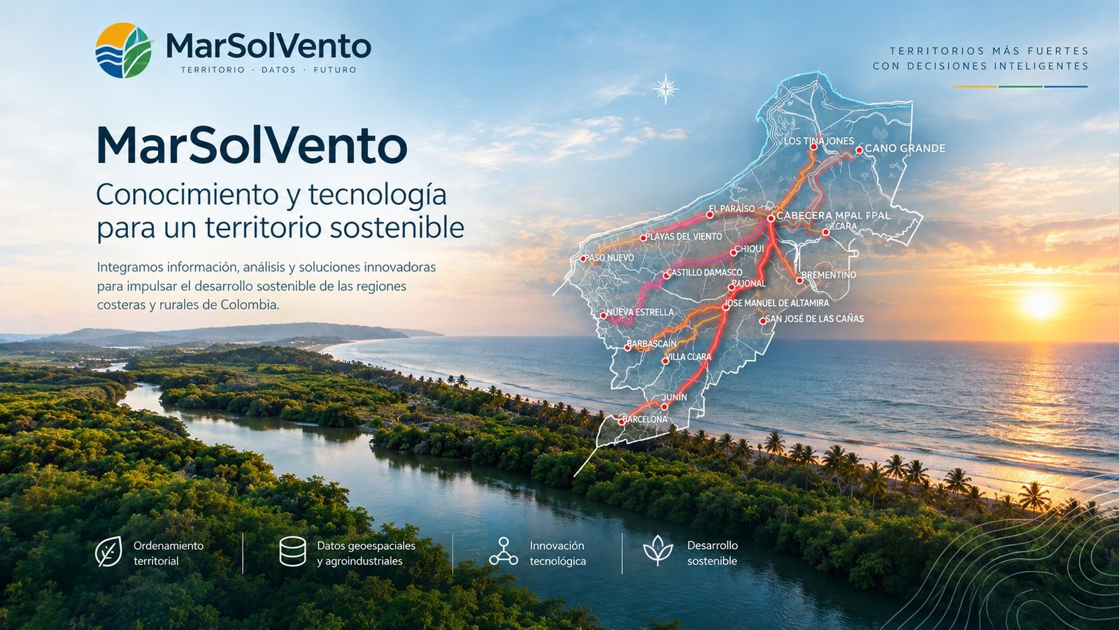 Mapa del territorio de San Bernardo del Viento sobre una fotografía aérea del delta del río Sinú al atardecer, con los corregimientos y rutas analizados por MarSolVento.